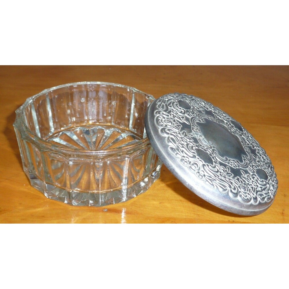 VTG Crystal Glass Embossed Silver Plated Mirror Lid Powder Box Jewelry/Trinkets